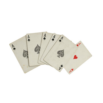 Five playing cards arranged in a fan showing four aces of spades and one ace of hearts on white background, isolated on a, transparent background