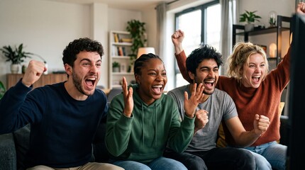 Obraz premium Diverse group of happy young friends cheering excited watching sports match stream live on television screen sitting together on sofa at modern home living room during leisure weekend time.