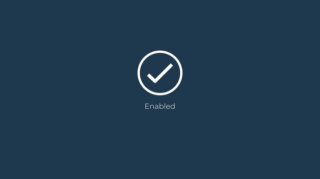 Glowing circular loading bar on a dark background featuring saved and enabled text with check mark. Ideal for file or document saved idea. 

