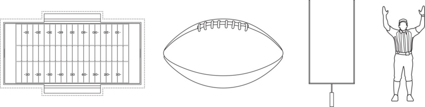 American football, field, ball, goal post, referee, blueprint, editable stroke, vector
