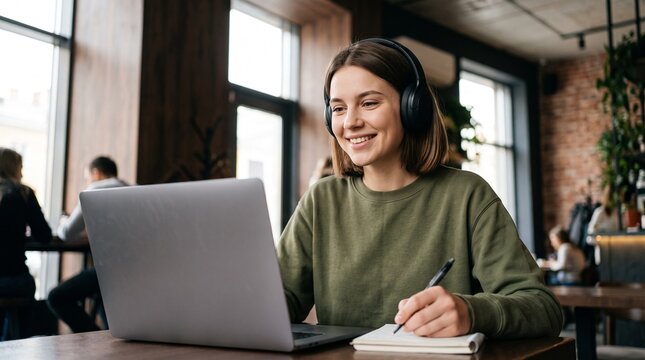 Pretty young female student in green sweater wearing headphones using laptop and taking notes in notepad at urban coffee shop, mastering online banking, ERP system skills and corporate training.