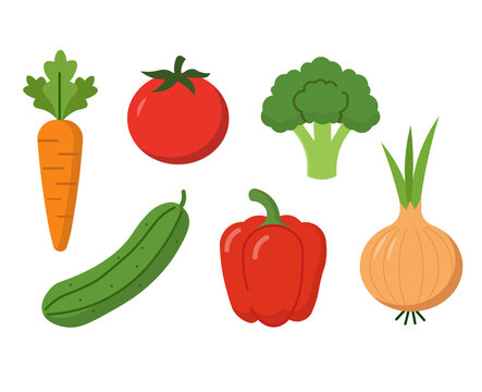 Fresh Vegetables Set, Carrot Tomato Broccoli Cucumber Bell Pepper and Onion Vector Illustration