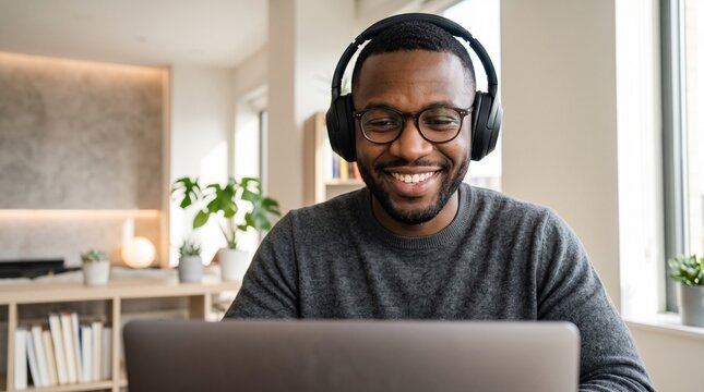 Happy African American man in headphones looking at laptop screen during online learning webinar or corporate training session at home, focused student participating in remote virtual course.