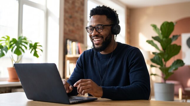 Happy African American student wearing headphones engaging in online learning course on laptop, smiling during distance education webinar in bright cozy home office environment.