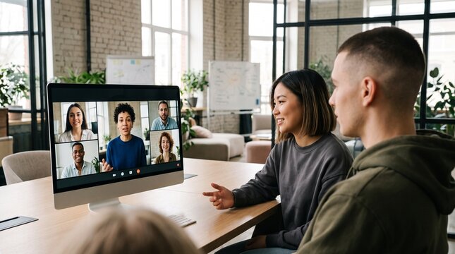 Diverse business colleagues participating in online corporate training session via desktop computer video conference meeting while discussing staff development and remote workforce education.