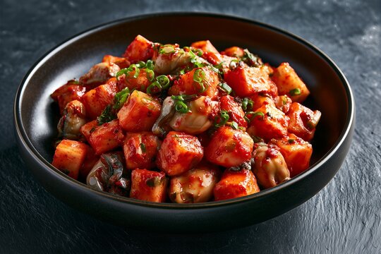 Korean oyster cubed radish kimchi gul-kkakdugi in a black bowl