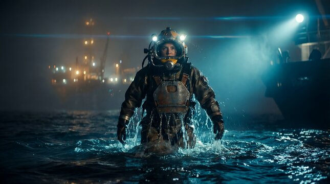 Commercial offshore diver in heavy subsea suit emerging from the ocean water at night against an illuminated oil drilling platform for deep-sea industrial maintenance