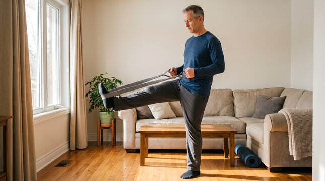 Man Using Resistance Band for Mobility Exercise