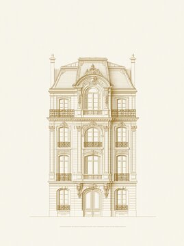 Ornate historic townhouse facade architectural line illustration