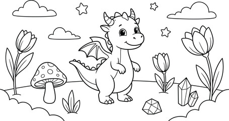 Naklejka premium Baby dragon cute vector illustration with crystals and flowers for kids coloring activity