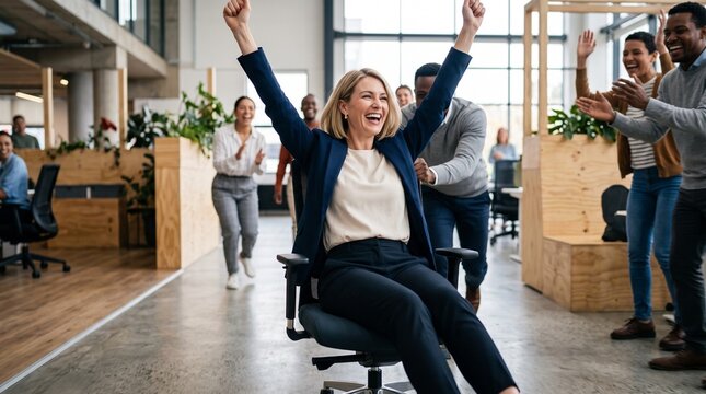 Exhilarated blonde businesswoman celebrating company success riding office chair with cheering colleagues, cheerful corporate team celebrating marketing victory and startup achievement.