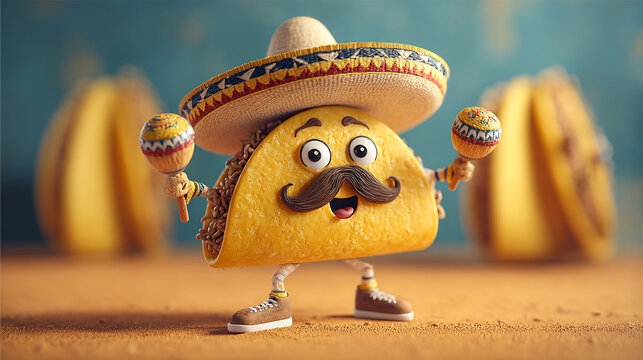 Happy cartoon taco character wearing a sombrero and holding maracas with character, sombrero.