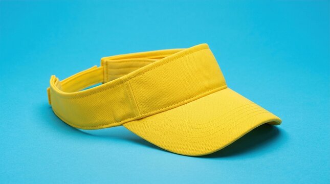 Yellow sports visor hat isolated on bright blue background serves as essential summer accessory for tennis golfing and outdoor activities during sunny weather.