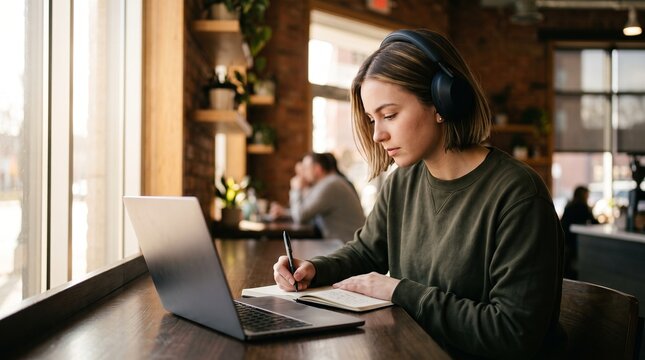 Focused young student with headphones taking notes in notebook while watching online learning video on laptop at cozy coffee shop window table, engaging in self education and remote work.