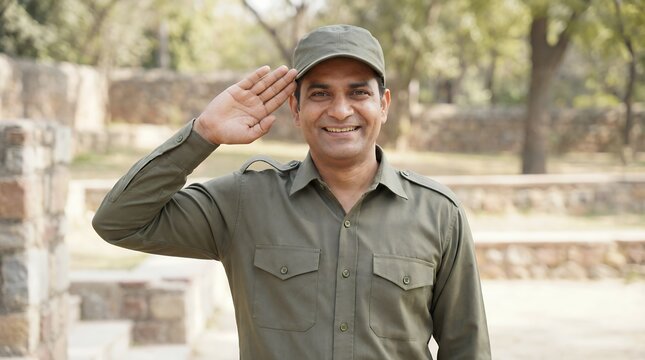 Proud Indian military soldier in olive green uniform giving a salute with a smile outdoors, concept for national defense, security forces, armed services, and patriotism