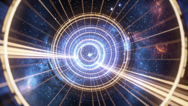 Pulsing ring tunnel tightening, emitting gold rays with wire grid in nebula bokeh, creating motion