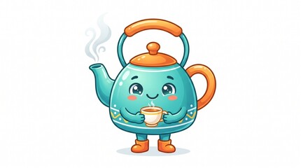 Fototapeta premium Cute teal teapot character holding cup of steaming tea. Charming cartoon kettle illustration isolated on white background