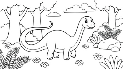 Long neck dinosaur cute vector illustration in forest for kids educational coloring pages © MstRina