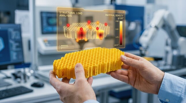Engineer holding 3D printed honeycomb part with digital structural analysis hologram in high-tech industrial laboratory