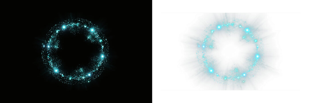 Glowing blue magic circle with particles and light rays isolated on transparent background