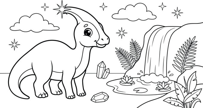 Cute parasaurolophus dinosaur standing near waterfall outline coloring book page for kids