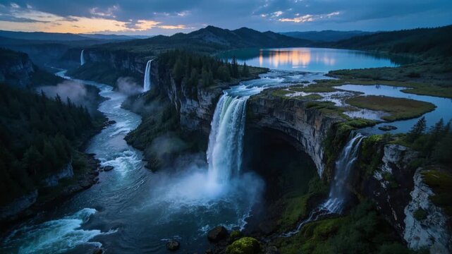 Recording drone descending showing main waterfall plunging into canyon at dusk, capturing lake glow