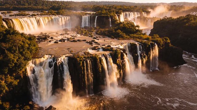 Drone approaching, tiered waterfalls pouring over rock plateau feeding river below, mist rising