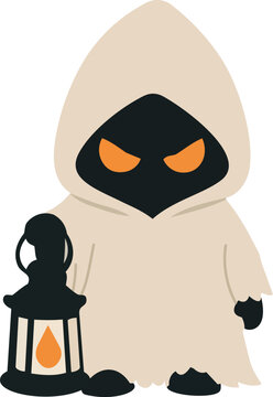 Cute hooded Halloween ghost character holding a glowing lantern, featuring mysterious orange eyes and a minimalist