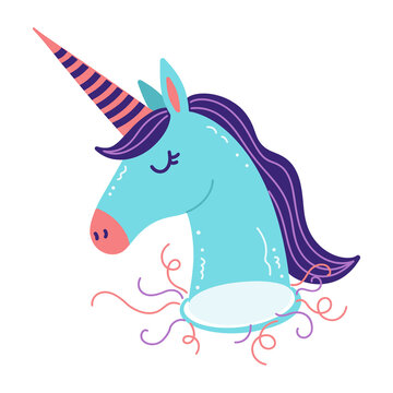 Cute blue unicorn head with striped horn and purple mane