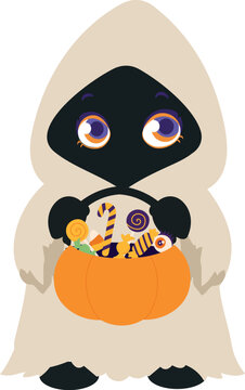 Cute hooded Halloween ghost character with large purple eyes holding an orange pumpkin bucket overflowing with colorful candies and spooky treats.