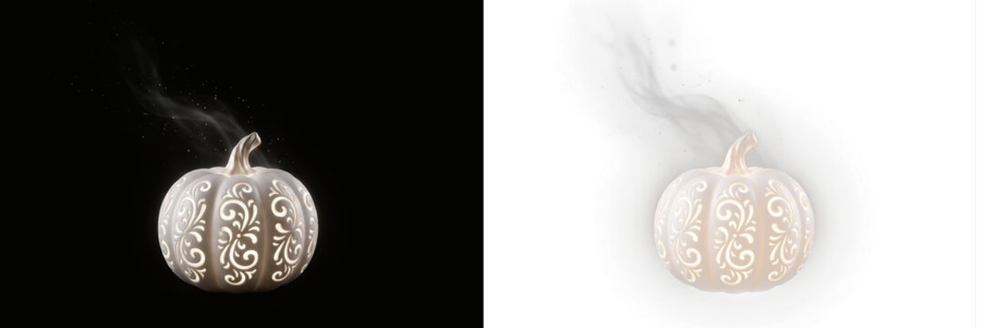 Glowing white ceramic decorative pumpkin with swirling cutouts and wispy smoke effect isolated on transparent background
