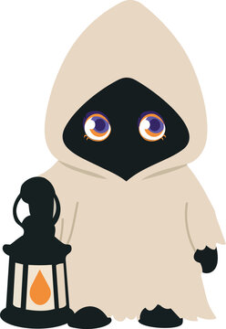 Cute hooded Halloween ghost character with large colorful purple and orange eyes holding a glowing lantern in a playful