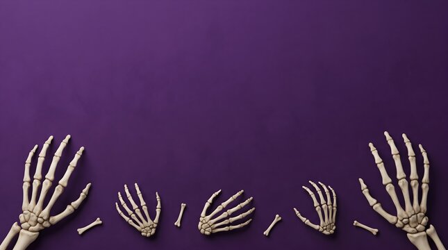 Five realistic human skeleton hands and bones arranged on a dark purple background for halloween