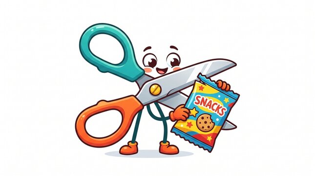 Cute Cartoon Scissors Character Holding a Bag of Snack Cookies Vector Illustration