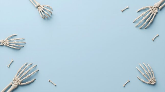 Creepy halloween skeleton hands are reaching inward from the edges against a soft pale blue backdrop