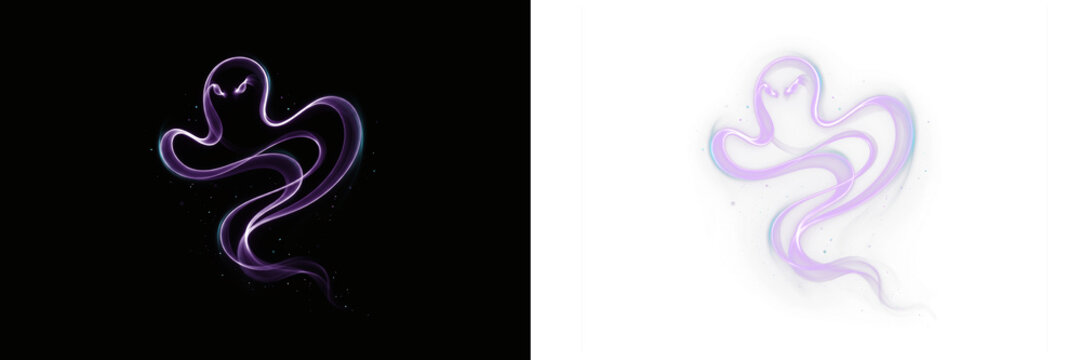 Abstract glowing purple ghost shape made of light trails isolated on transparent background