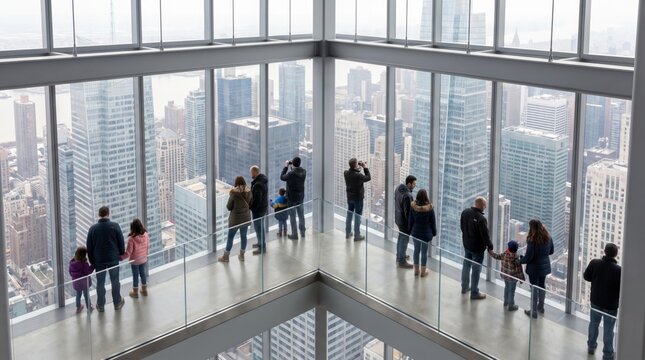 Tourists admiring panoramic city skyline from glass observation deck windows