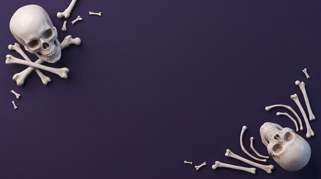 A dramatically spooky halloween scene featuring skeletal remains against a dark and mysterious purple background for designs