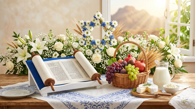 Shavuot holiday table with scroll, fruits, and flowers in sunlight  