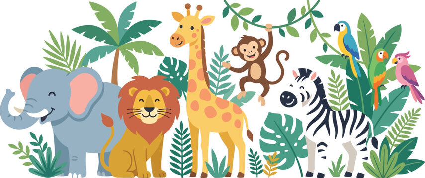 Cute cartoon wild animals collection with elephant lion giraffe monkey zebra and tropical plants in jungle style