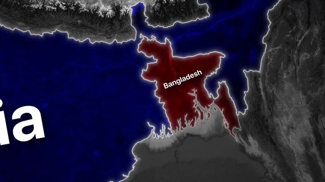 South Asia map animation zooming into the red territory of Bangladesh bordering a blue India