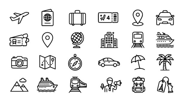 Travel and tourism outline vector icons set with vacation and holiday symbols