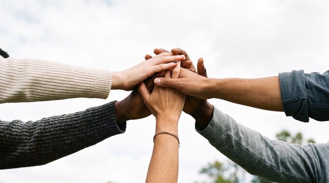 Close-up of diverse hands stacked together in a gesture of unity and teamwork stacking