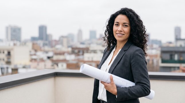 Smiling architect holding blueprints on rooftop overlooking historic city skyline