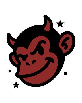 Graphic illustration of a mischievous monkey character with devil horns.