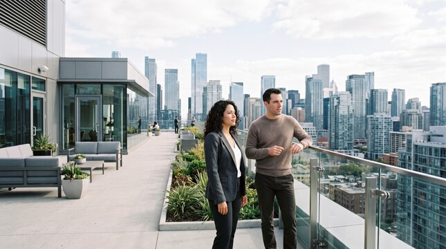 Business colleagues talking on rooftop terrace overlooking downtown skyline