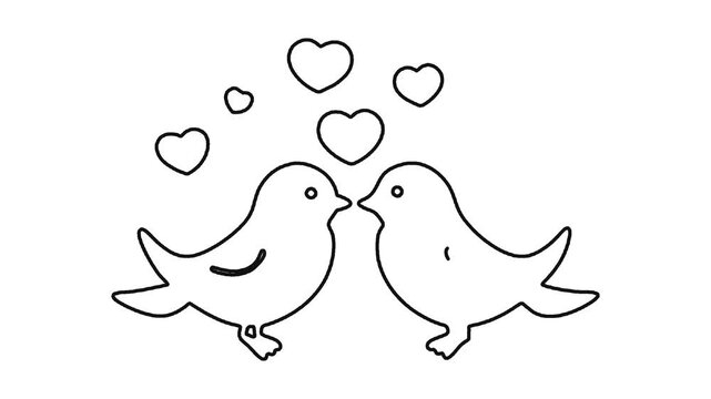 Two love birds drawing animation with floating hearts white line art style.