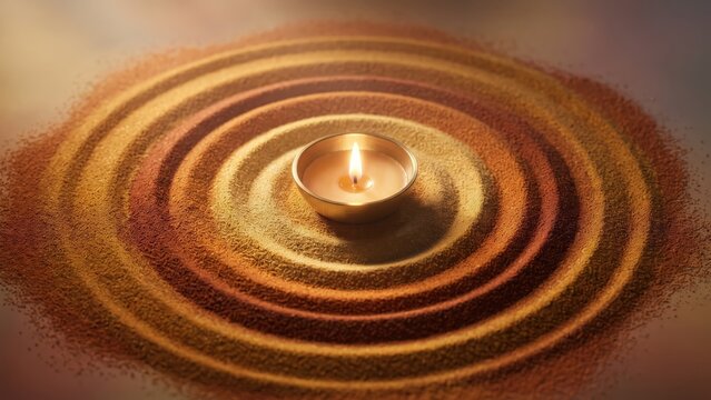 Sand Art Rangoli with Central Diya - Earthy Diwali Festival Background.