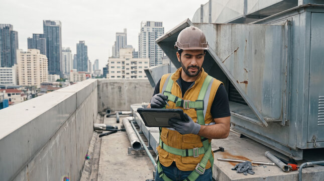 Construction worker using tablet while inspecting rooftop equipment above city