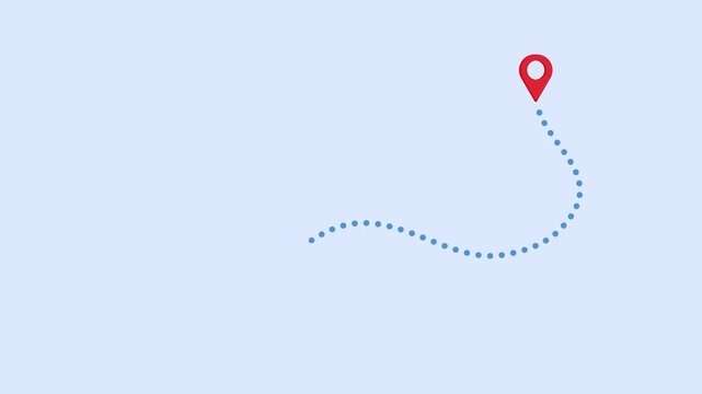 A cardboard package moves along a dotted route between two red location pins on a light blue background, illustrating delivery tracking and logistics